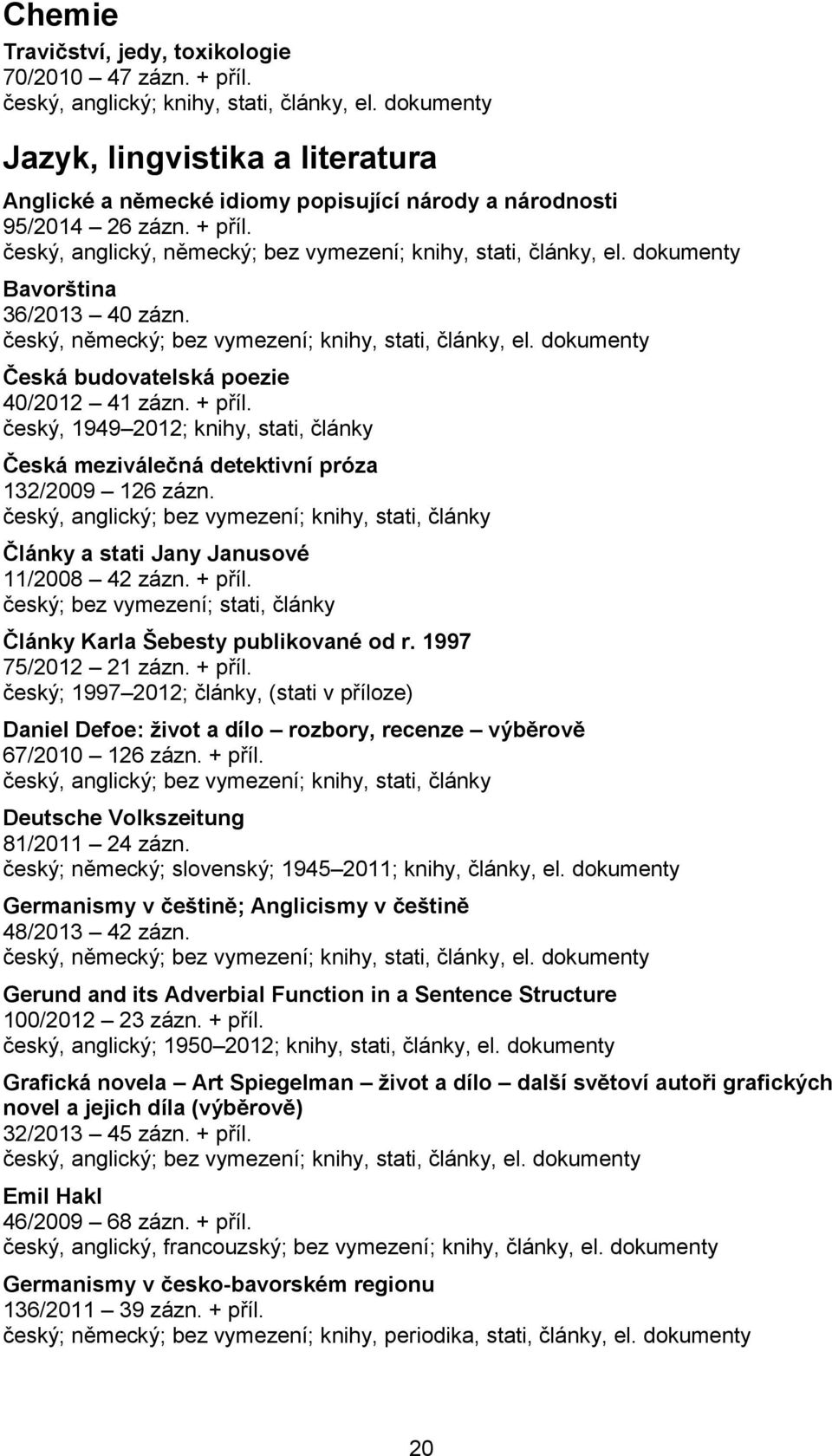 dokumenty Bavorština 36/2013 40 zázn. český, německý; bez vymezení; knihy, stati, články, el. dokumenty Česká budovatelská poezie 40/2012 41 zázn. + příl.