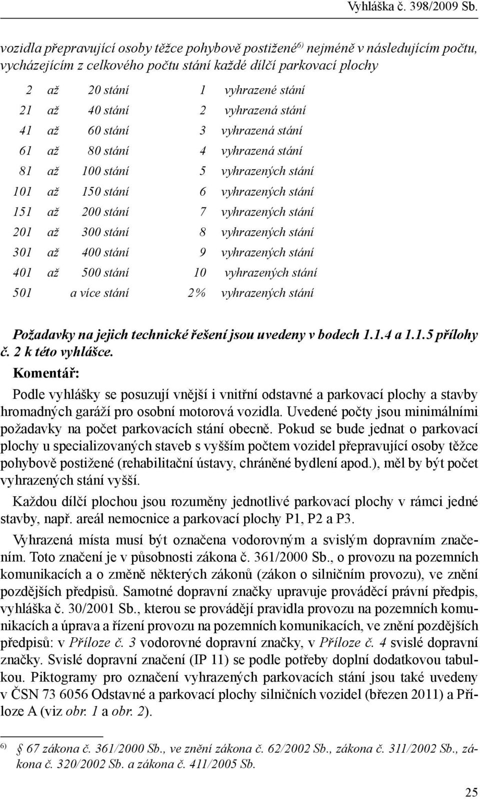 300 stání 8 vyhrazených stání 301 až 400 stání 9 vyhrazených stání 401 až 500 stání 10 vyhrazených stání 501 a více stání 2 % vyhrazených stání Požadavky na jejich technické řešení jsou uvedeny v