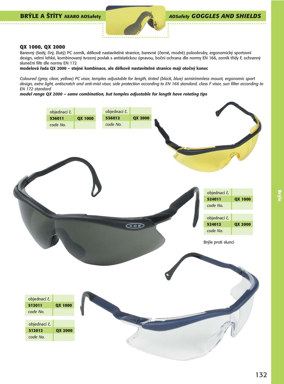 stejné kombinace, ale délkově nastavitelné stranice mají otočný konec Coloured (grey, clear, yellow) PC visor, temples adjustable for length, tinted (black, blue) semirimmless mount, ergonomic sport