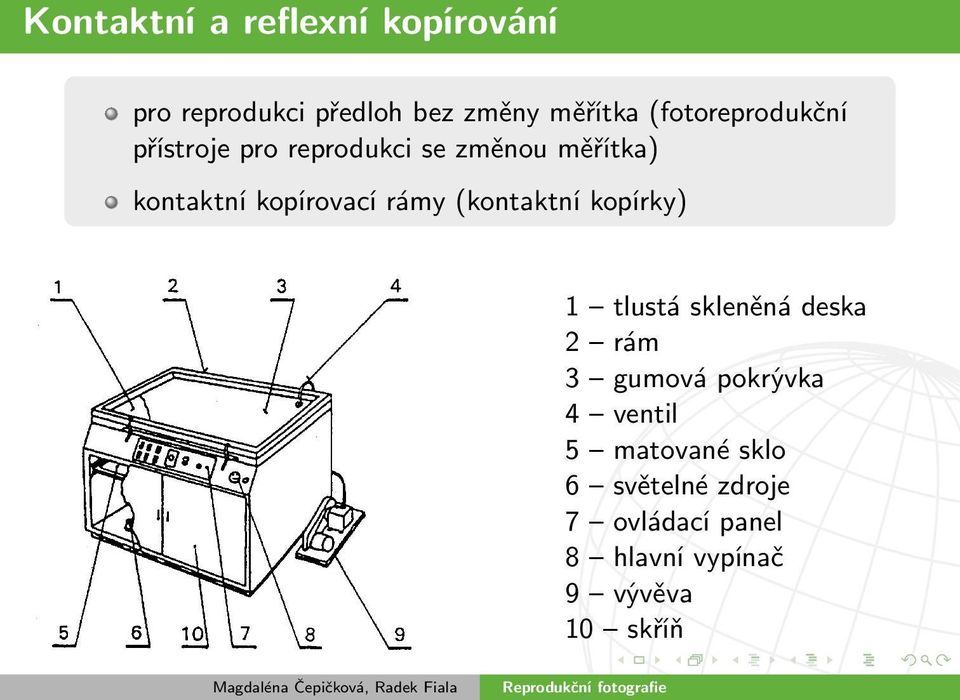 kopírovací rámy (kontaktní kopírky) 1 tlustá skleněná deska 2 rám 3 gumová