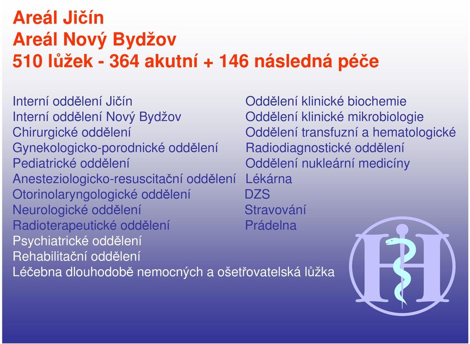 oddělení Pediatrické oddělení Oddělení nukleární medicíny Anesteziologicko-resuscitační oddělení Lékárna Otorinolaryngologické oddělení DZS