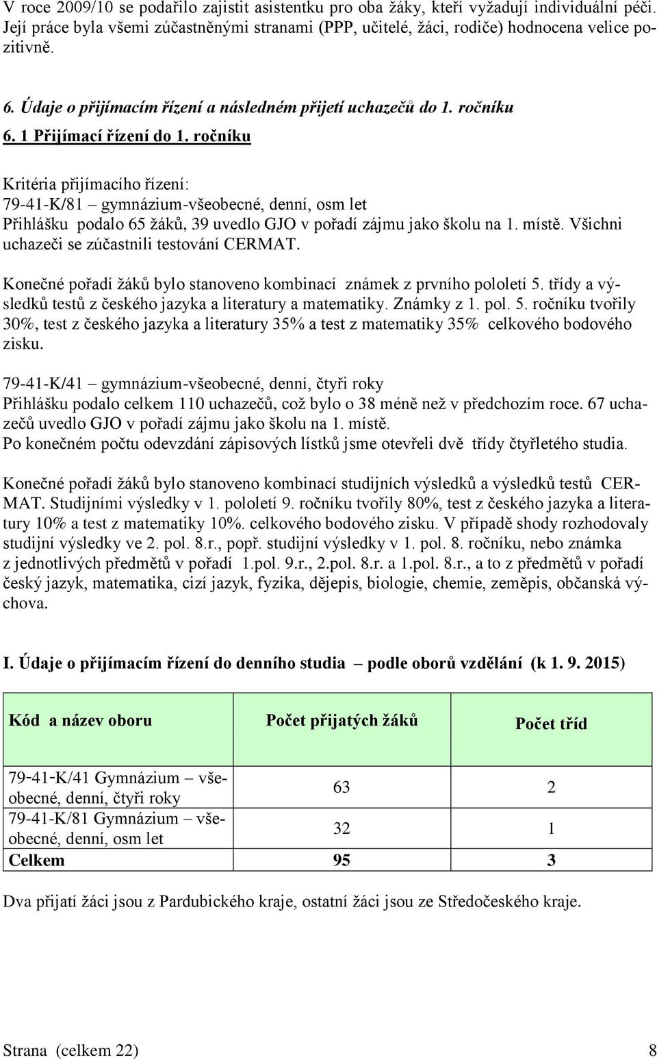 ročníku Kritéria přijímacího řízení: 79-41-K/81 gymnázium-všeobecné, denní, osm let Přihlášku podalo 65 žáků, 39 uvedlo GJO v pořadí zájmu jako školu na 1. místě.