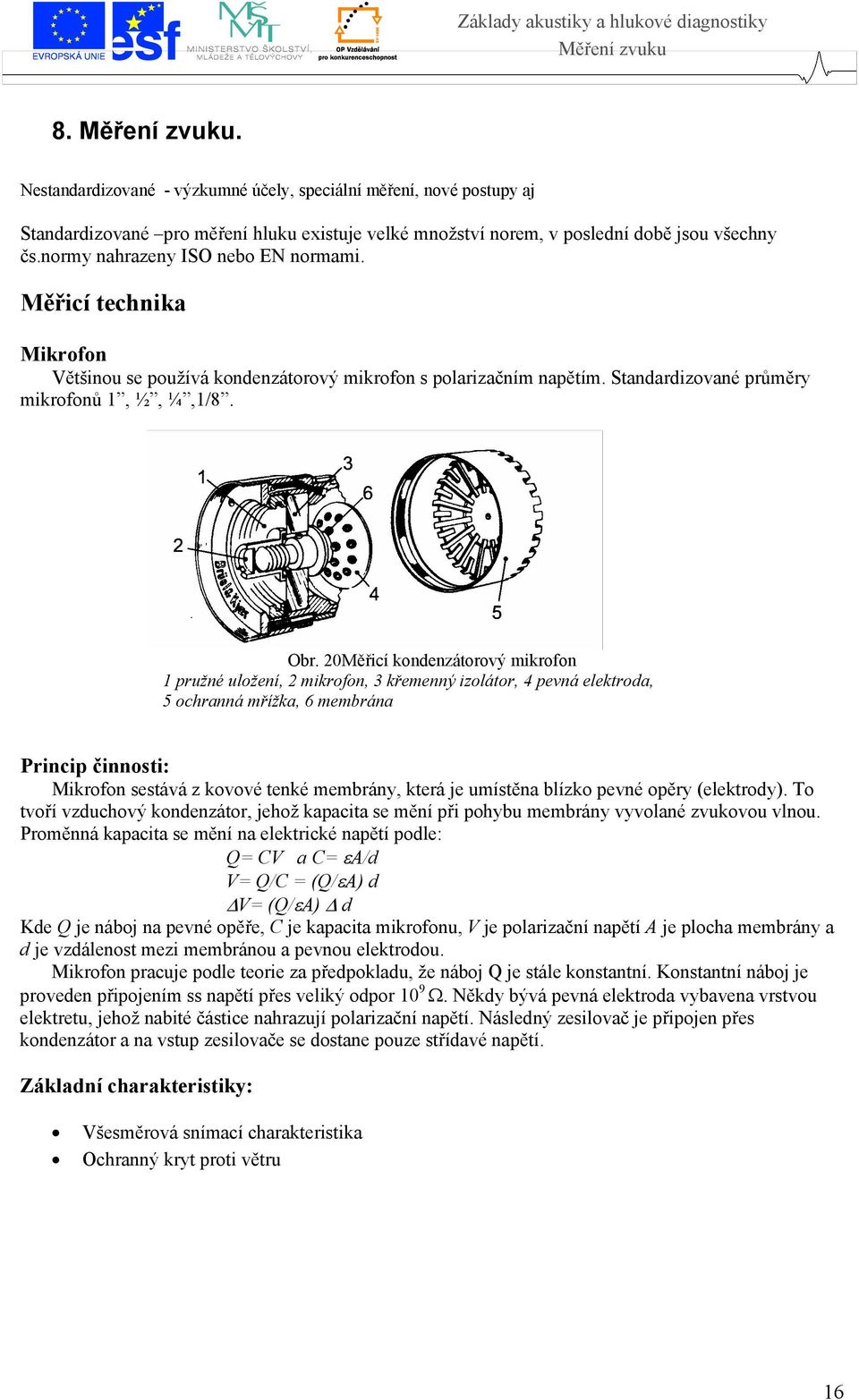 20Měřicí kondenzátorový mikrofon 1 pružné uložení, 2 mikrofon, 3 křemenný izolátor, 4 pevná elektroda, 5 ochranná mřížka, 6 membrána Princip činnosti: Mikrofon sestává z kovové tenké membrány, která