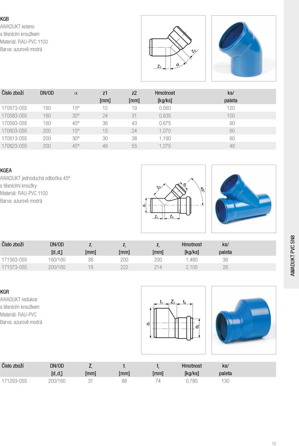 azurově modrá Číslo zboží DN/OD z 1 z 2 z 3 Hmotnost ks/ [d 1,d 2 ] [mm] [mm] [mm] [kg/ks] paleta 171563-055 160/160 36 200 200 1,480 36 171573-055 200/160 18 222 214 2,105 26 AWADUKT PVC SN8 KGR