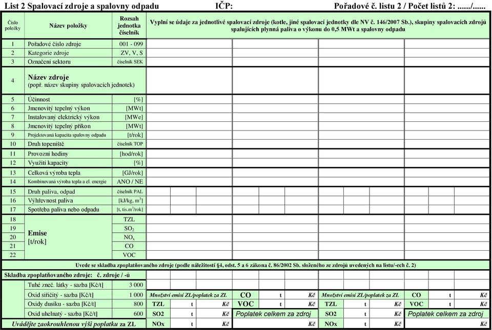 .. Název Rozsah jednotka číselník 1 Pořadové číslo zdroje 001-099 2 Kategorie zdroje ZV, V, S 3 Označení sektoru číselník SEK Vyplní se údaje za jednotlivé spalovací zdroje (kotle, jiné spalovací