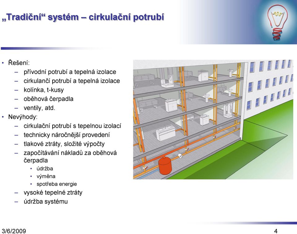 Nevýhody: cirkulační potrubí s tepelnou izolací technicky náročnější provedení tlakové ztráty,