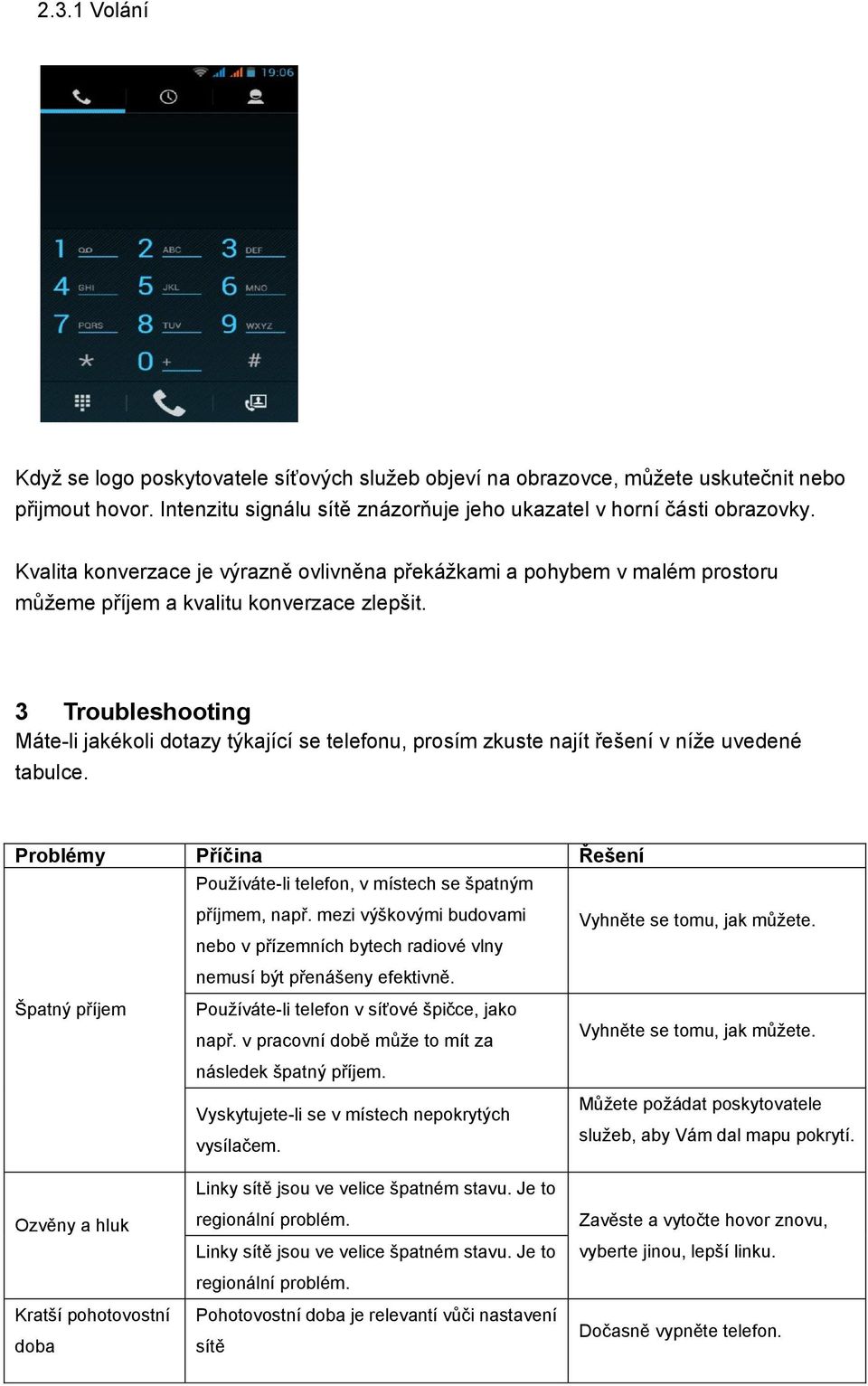 3 Troubleshooting Máte-li jakékoli dotazy týkající se telefonu, prosím zkuste najít řešení v níže uvedené tabulce. Problémy Příčina Řešení Používáte-li telefon, v místech se špatným příjmem, např.