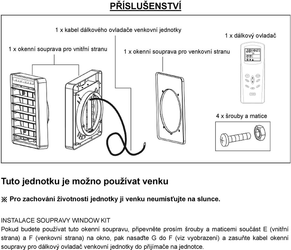 INSTALACE SOUPRAVY WINDOW KIT Pokud budete používat tuto okenní soupravu, připevněte prosím šrouby a maticemi součást E (vnitřní strana) a F