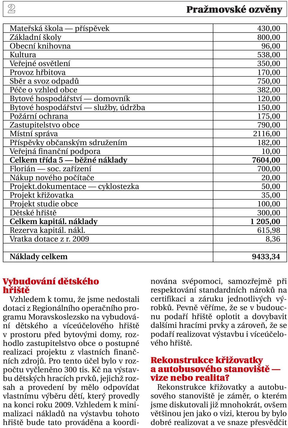 Veřejná finanční podpora 10,00 Celkem třída 5 běžné náklady 7604,00 Florián soc. zařízení 700,00 Nákup nového počítače 20,00 Projekt.