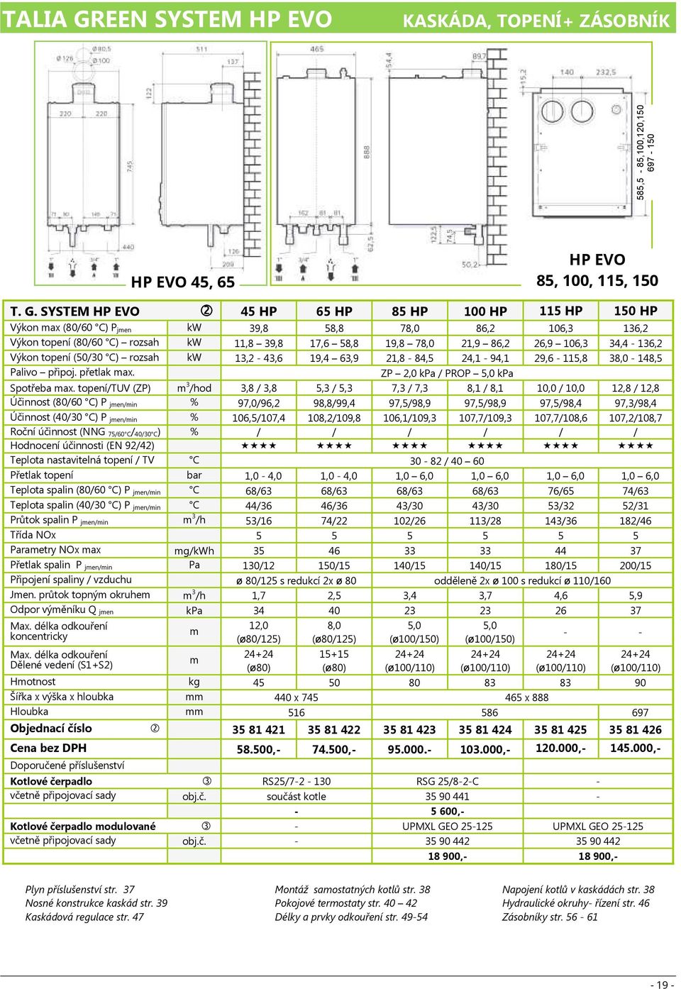 SYSTEM HP EVO 45 HP 65 HP 85 HP 100 HP 115 HP 150 HP Výkon max (80/60 C) P jmen kw 39,8 58,8 78,0 86,2 106,3 136,2 Výkon topení (80/60 C) rozsah kw 11,8 39,8 17,6 58,8 19,8 78,0 21,9 86,2 26,9 106,3