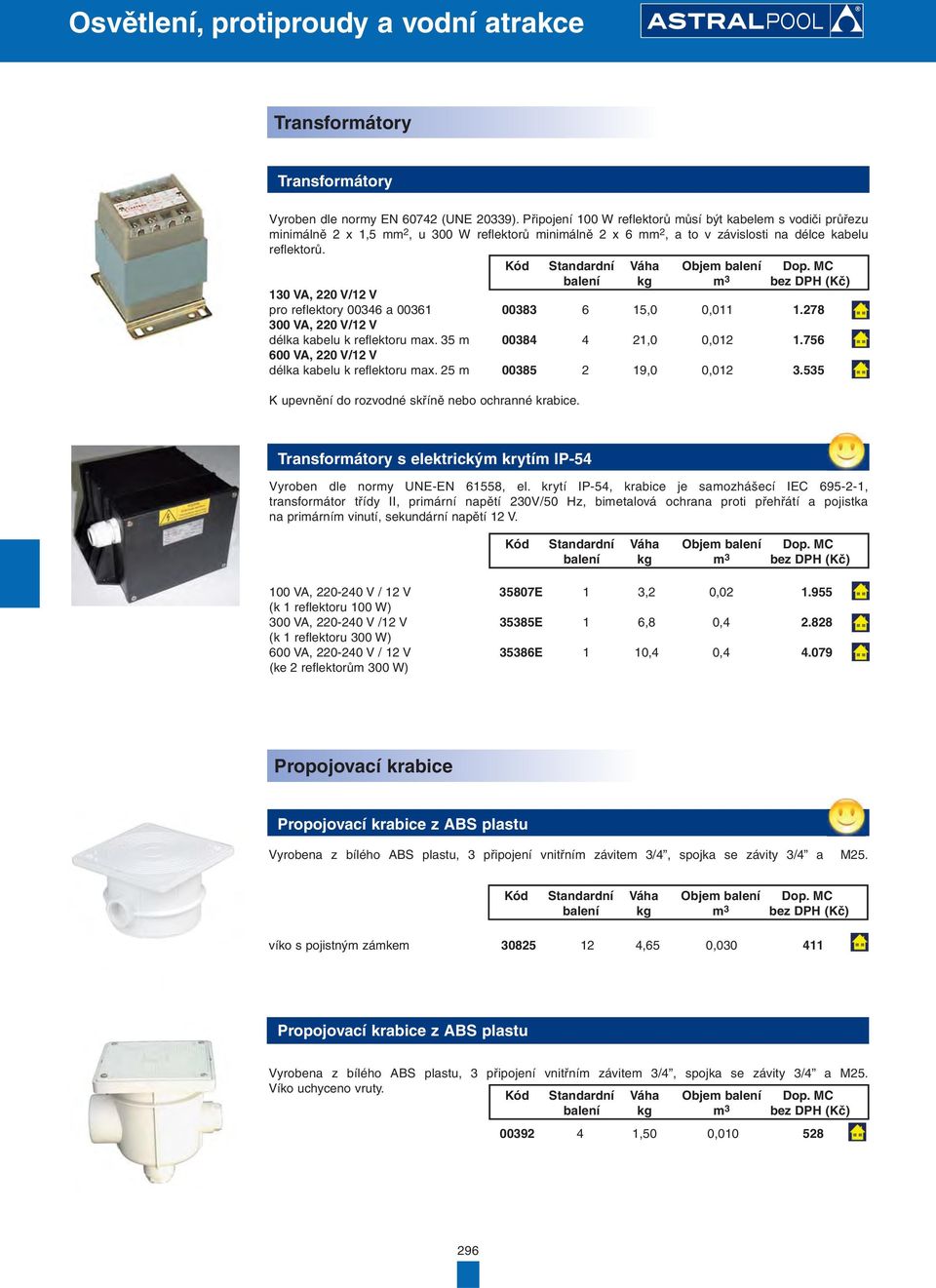 130 VA, 220 V/12 V pro reflektory 00346 a 00361 00383 6 15,0 0,011 1.278 300 VA, 220 V/12 V délka kabelu k reflektoru max. 35 m 00384 4 21,0 0,012 1.