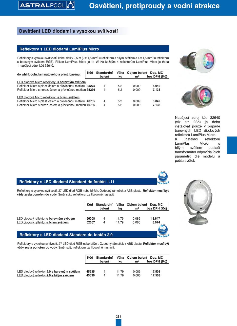 bazénu: LED diodové Micro reflektory s barevným světlem Reflektor Micro s plast. čelem a převlečnou matkou 35275 4 5,2 0,009 6.042 Reflektor Micro s nerez.