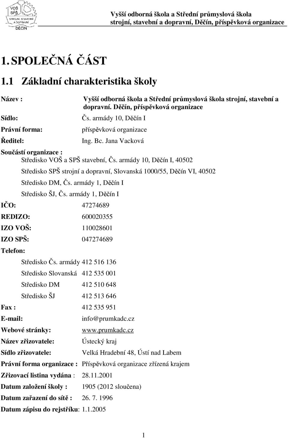 armády 10, Děčín I, 40502 Středisko SPŠ strojní a dopravní, Slovanská 1000/55, Děčín VI, 40502 Středisko DM, Čs. armády 1, Děčín I Středisko ŠJ, Čs.