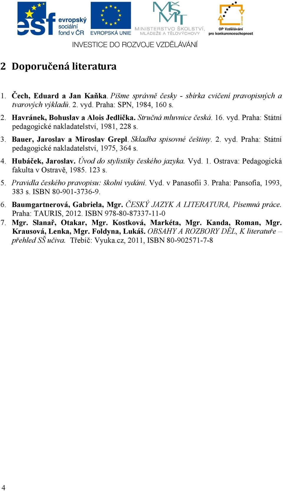 4. Hubáček, Jaroslav. Úvod do stylistiky českého jazyka. Vyd. 1. Ostrava: Pedagogická fakulta v Ostravě, 1985. 123 s. 5. Pravidla českého pravopisu: školní vydání. Vyd. v Panasofii 3.