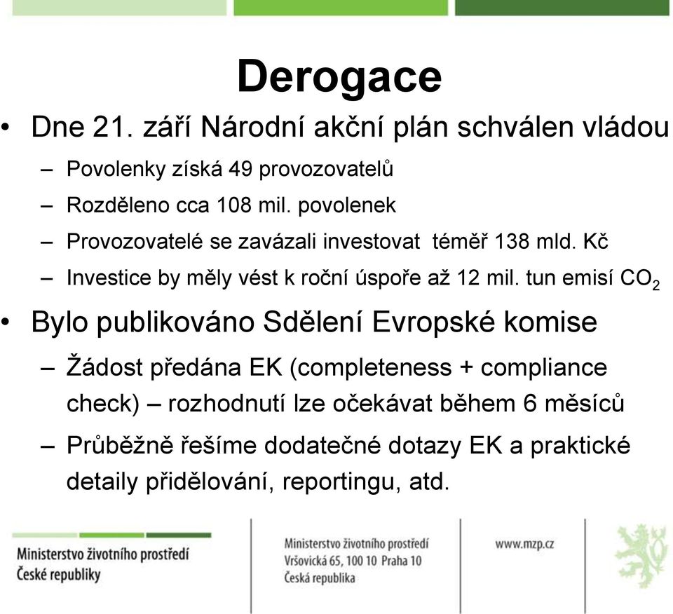 tun emisí CO 2 Bylo publikováno Sdělení Evropské komise Žádost předána EK (completeness + compliance check)