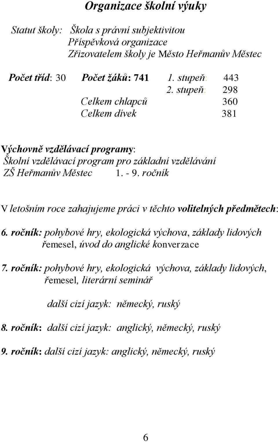 ročník V letošním roce zahajujeme práci v těchto volitelných předmětech: 6. ročník: pohybové hry, ekologická výchova, základy lidových řemesel, úvod do anglické konverzace 7.