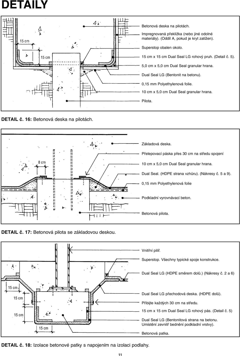 Pfielepovací páska pfies 30 cm na stfiedu spojení 10 cm x 5,0 cm Dual Seal granular hrana. Dual Seal. (HDPE strana vzhûru). (Nákresy ã. 5 a 9). 0,15 mm Polyethylenová folie Betonová pilota. DETAIL ã.