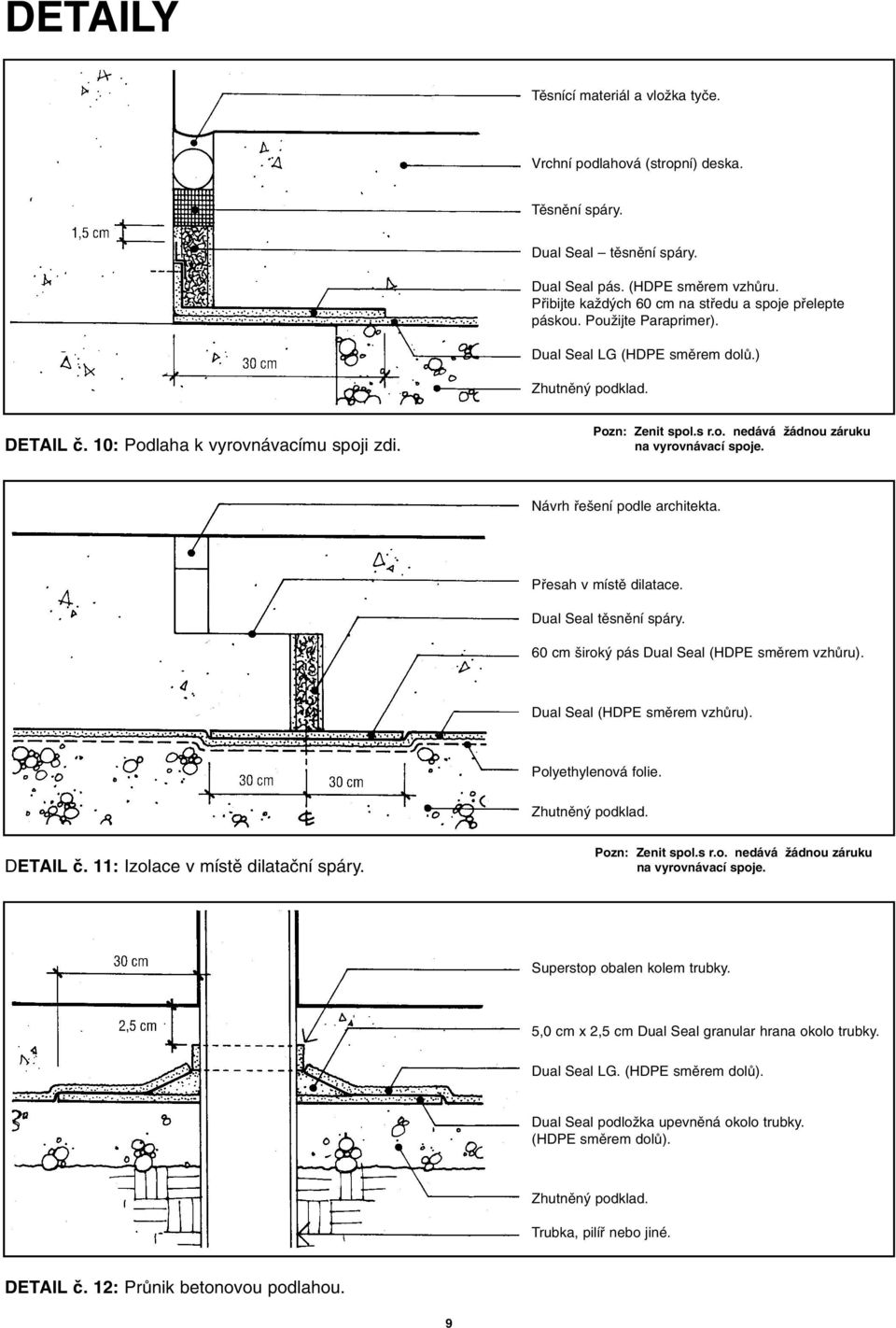 Návrh fie ení podle architekta. Pfiesah v místû dilatace. Dual Seal tûsnûní spáry. 60 cm irok pás Dual Seal (HDPE smûrem vzhûru). Dual Seal (HDPE smûrem vzhûru). DETAIL ã.