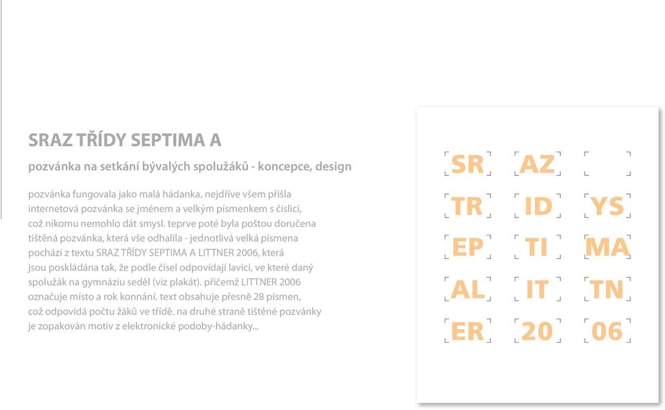 teprve poté byla poštou doručena tištěná pozvánka, která vše odhalila - jednotlivá velká písmena pochází z textu SRAZ TŘÍDY SEPTIMA A LITTNER 2006, která jsou poskládána