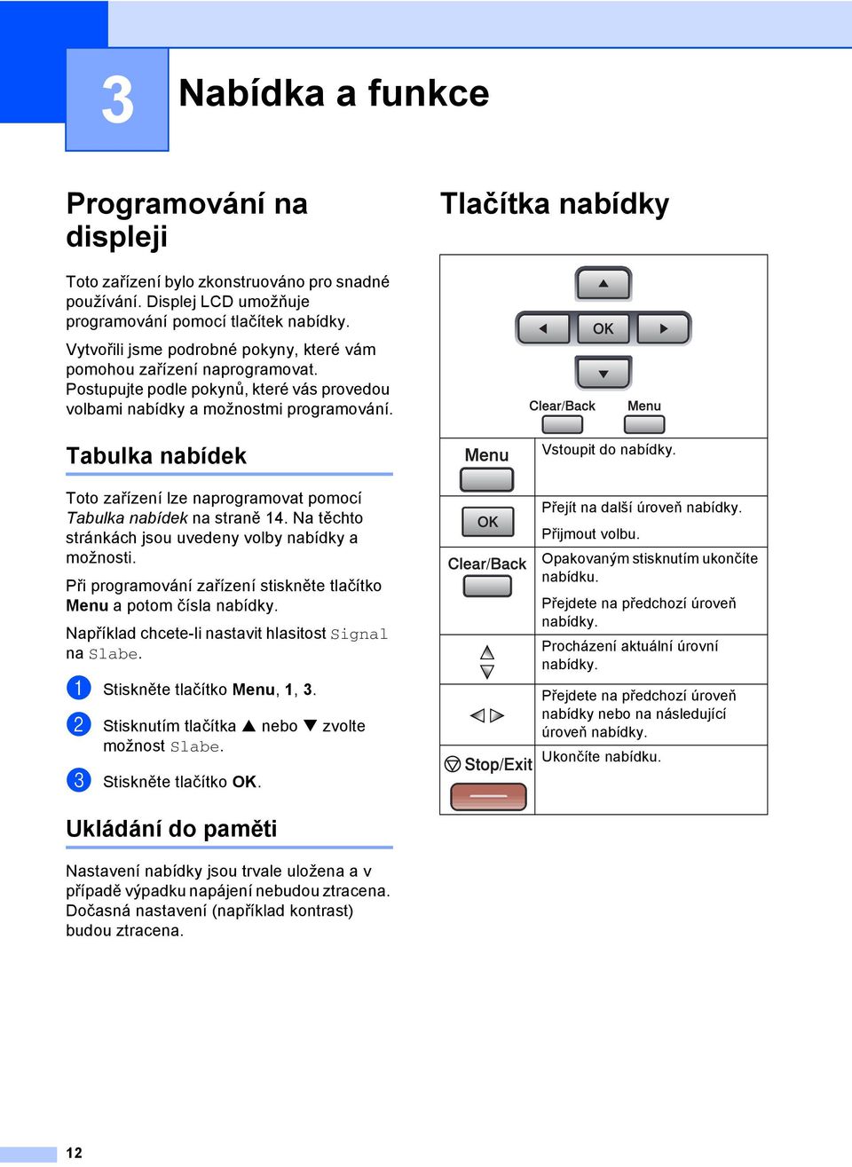 Tabulka nabídek 3 Toto zařízení lze naprogramovat pomocí Tabulka nabídek na straně 14. Na těchto stránkách jsou uvedeny volby nabídky a možnosti.