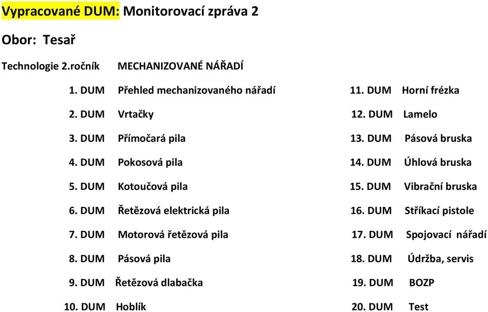 DUM Úhlová bruska 5. DUM Kotoučová pila 15. DUM Vibrační bruska 6. DUM Řetězová elektrická pila 16. DUM Stříkací pistole 7.