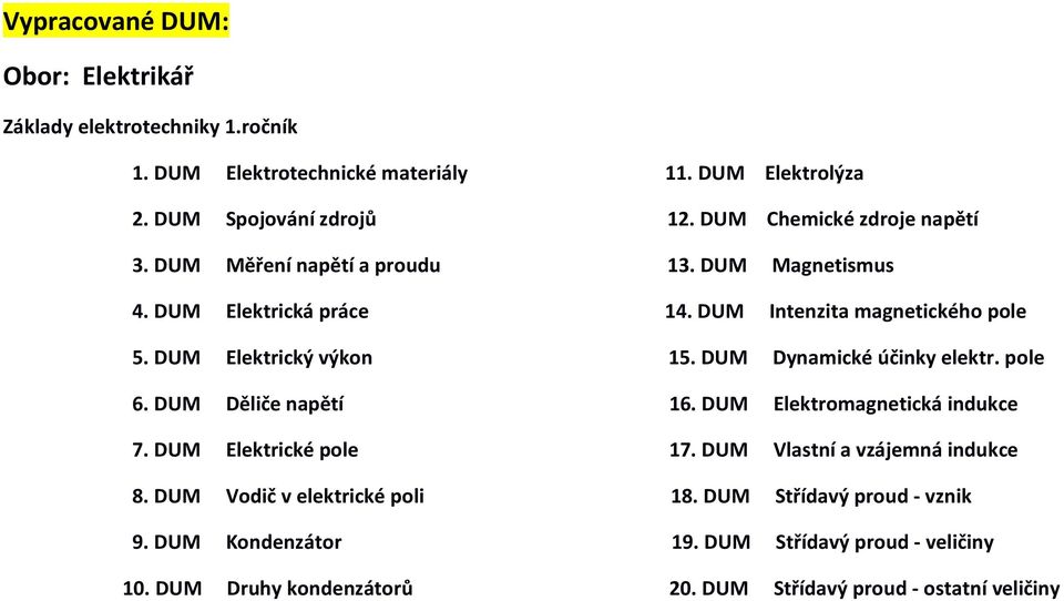 DUM Elektrický výkon 15. DUM Dynamické účinky elektr. pole 6. DUM Děliče napětí 16. DUM Elektromagnetická indukce 7. DUM Elektrické pole 17.