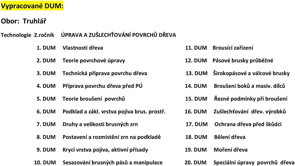 DUM Řezné podmínky při broušení 6. DUM Podklad a zákl. vrstva pojiva brus. prostř. 16. DUM Zušlechťování dřev. výrobků 7. DUM Druhy a velikosti brusných zrn 17. DUM Ochrana dřeva před škůdci 8.