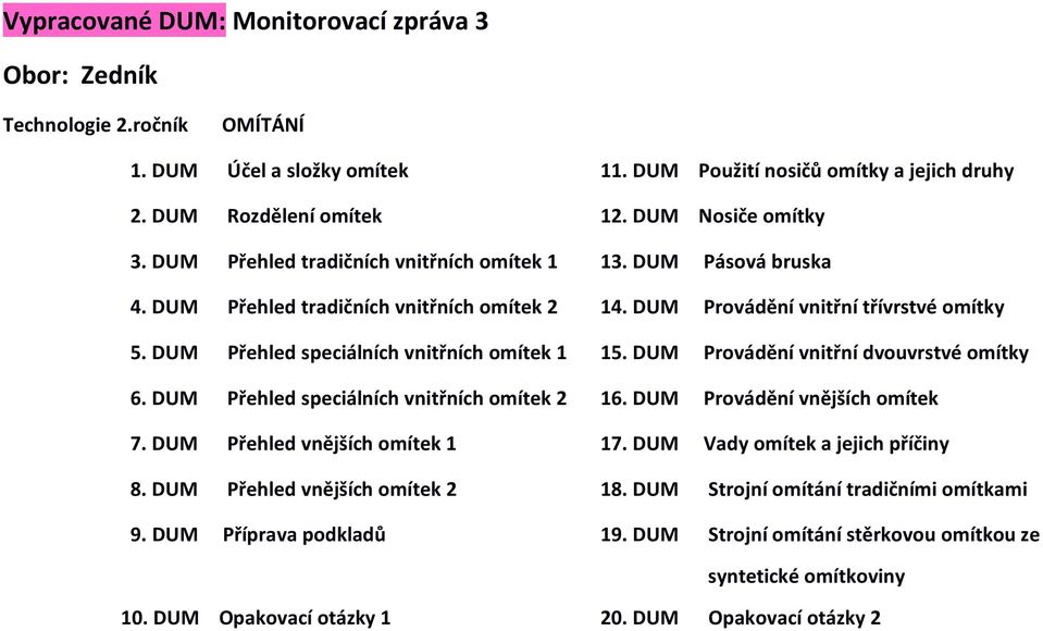 DUM Přehled speciálních vnitřních omítek 1 15. DUM Provádění vnitřní dvouvrstvé omítky 6. DUM Přehled speciálních vnitřních omítek 2 16. DUM Provádění vnějších omítek 7.