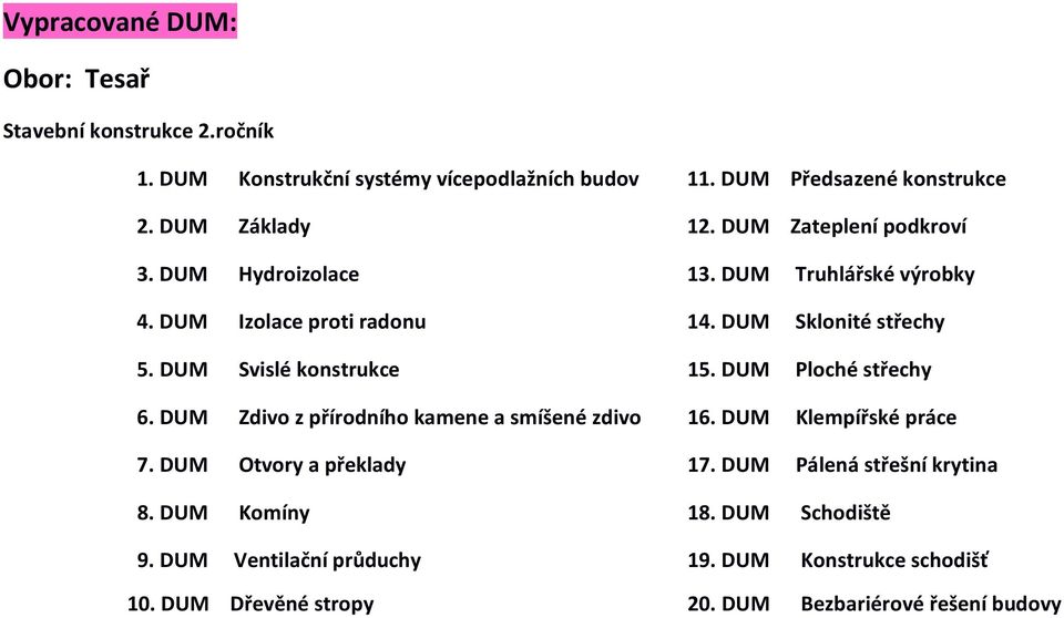 DUM Svislé konstrukce 15. DUM Ploché střechy 6. DUM Zdivo z přírodního kamene a smíšené zdivo 16. DUM Klempířské práce 7.