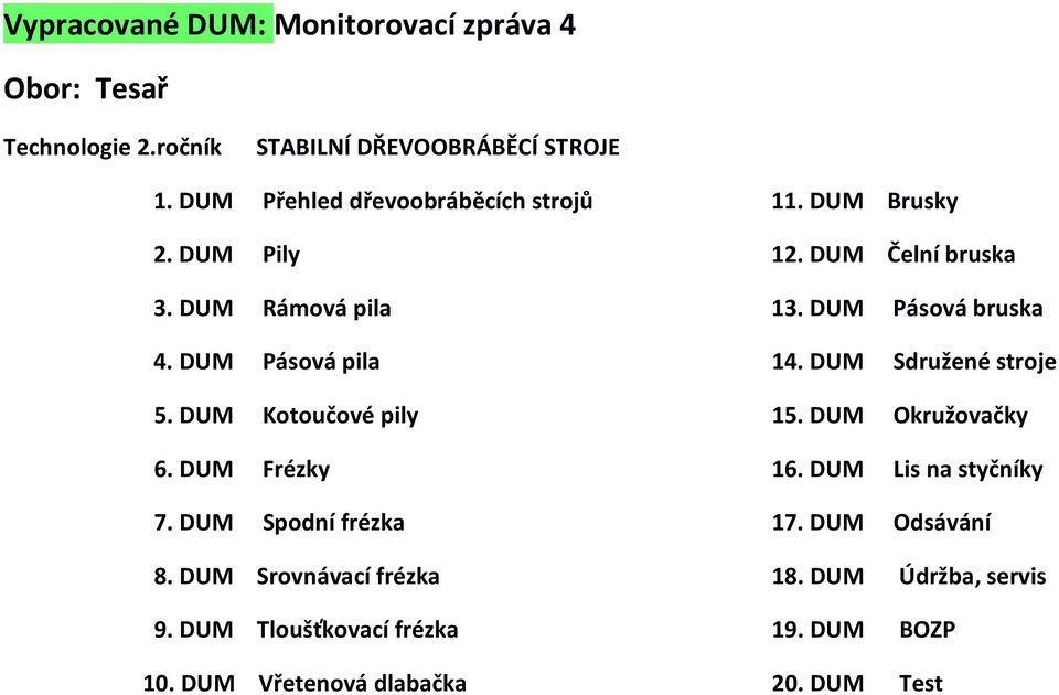 DUM Pásová bruska 4. DUM Pásová pila 14. DUM Sdružené stroje 5. DUM Kotoučové pily 15. DUM Okružovačky 6. DUM Frézky 16.