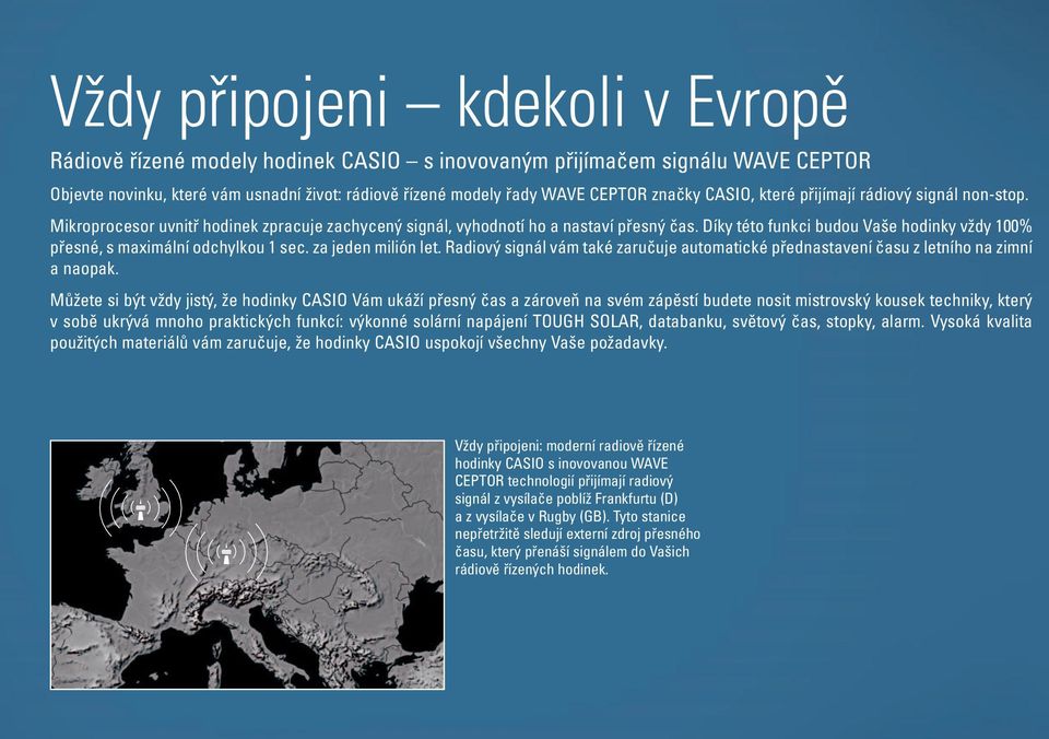 Díky této funkci budou Vaše hodinky vždy 100% přesné, s maximální odchylkou 1 sec. za jeden milión let. Radiový signál vám také zaručuje automatické přednastavení času z letního na zimní a naopak.