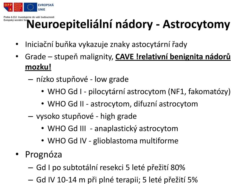 nízko stupňové - low grade WHO Gd I - pilocytární astrocytom (NF1, fakomatózy) WHO Gd II - astrocytom, difuzní