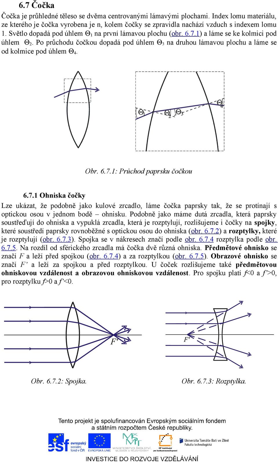 6.7.1: Průchod paprsku čočkou 6.7.1 Ohniska čočky Lze ukázat, že podobně jako kulové zrcadlo, láme čočka paprsky tak, že se protínají s optickou osou v jednom bodě ohnisku.