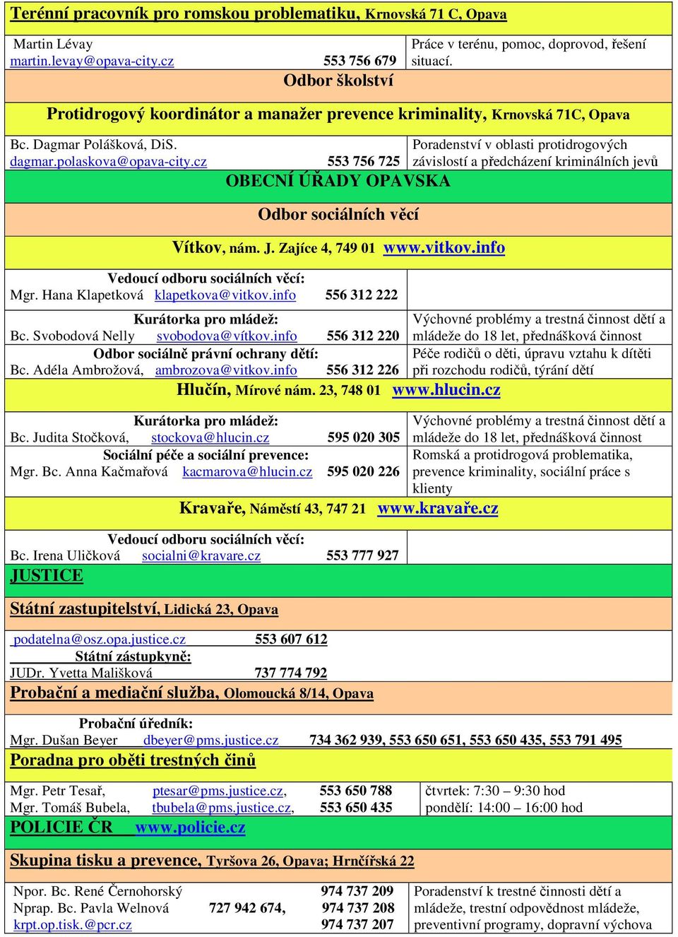 cz 553 756 725 OBECNÍ ÚŘADY OPAVSKA Odbor sociálních věcí Vítkov, nám. J. Zajíce 4, 749 01 www.vitkov.info Vedoucí odboru sociálních věcí: Mgr. Hana Klapetková klapetkova@vitkov.