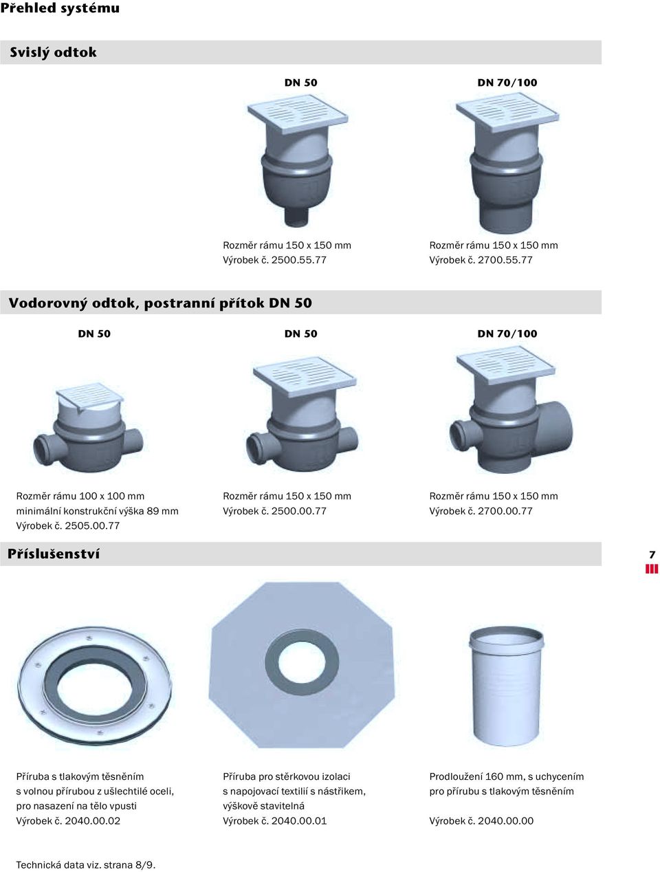 2505.00.77 Rozměr rámu 150 x 150 mm Výrobek č. 2500.00.77 Rozměr rámu 150 x 150 mm Výrobek č. 2700.00.77 Pfiíslu enství 7 Příruba s tlakovým těsněním s volnou přírubou z ušlechtilé oceli, pro nasazení na tělo vpusti Výrobek č.