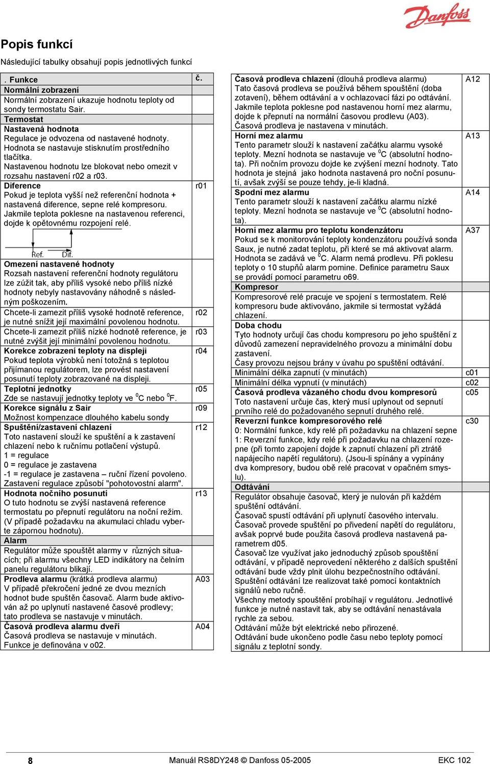 Diference r01 Pokud je teplota vyšší než referenční hodnota + nastavená diference, sepne relé kompresoru. Jakmile teplota poklesne na nastavenou referenci, dojde k opětovnému rozpojení relé.