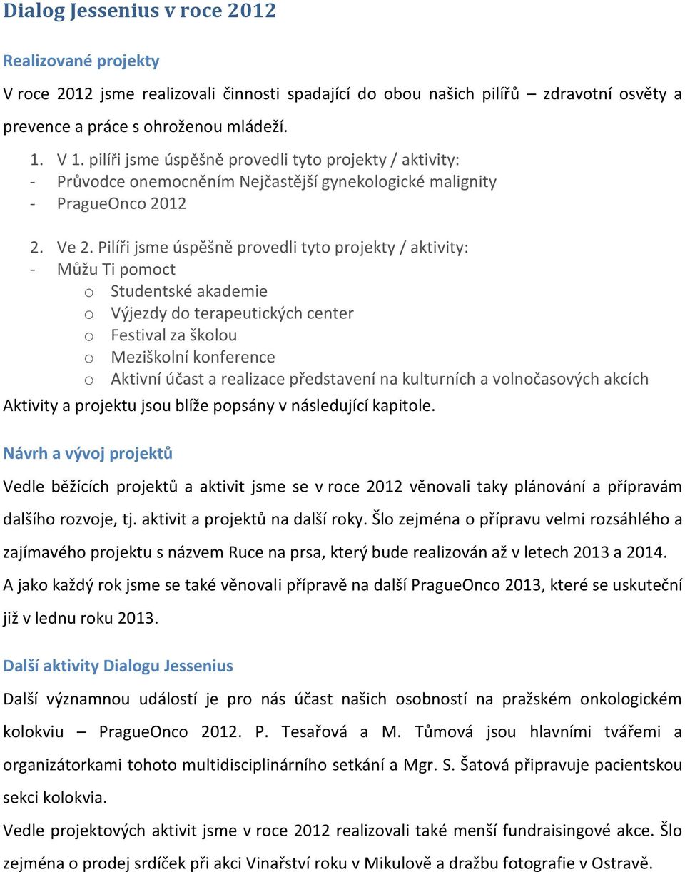 Pilíři jsme úspěšně provedli tyto projekty / aktivity: - Můžu Ti pomoct o Studentské akademie o Výjezdy do terapeutických center o Festival za školou o Meziškolní konference o Aktivní účast a