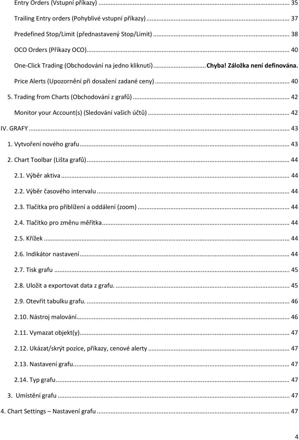 .. 42 Monitor your Account(s) (Sledování vašich účtů)... 42 IV. GRAFY... 43 1. Vytvoření nového grafu... 43 2. Chart Toolbar (Lišta grafů)... 44 2.1. Výběr aktiva... 44 2.2. Výběr časového intervalu.