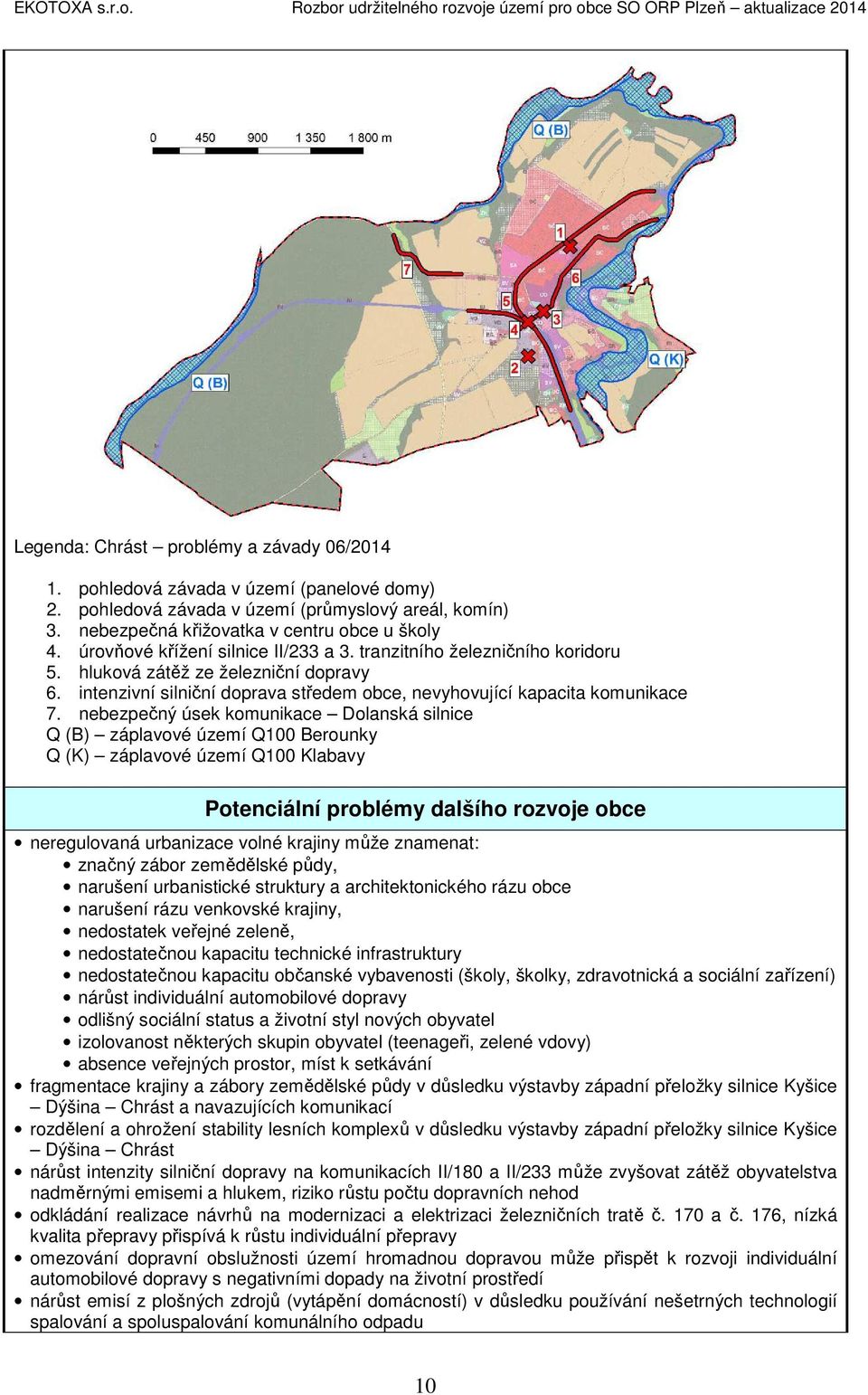 nebezpečný úsek komunikace Dolanská silnice Q (B) záplavové území Q100 Berounky Q (K) záplavové území Q100 Klabavy Potenciální problémy dalšího rozvoje obce neregulovaná urbanizace volné krajiny může