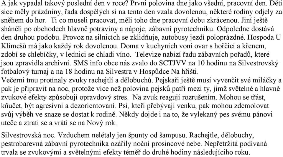 Jiní ještě sháněli po obchodech hlavně potraviny a nápoje, zábavní pyrotechniku. Odpoledne dostává den druhou podobu. Provoz na silnicích se zklidňuje, autobusy jezdí poloprázdné.