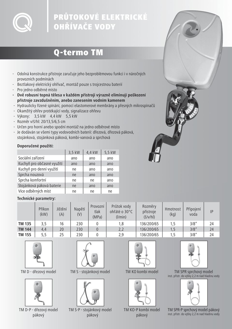 přesných mikrospínačů - Okamžitý ohřev protékající vody, signalizace ohřevu - Výkony: 3,5 kw 4,4 kw 5,5 kw - Rozměr v/š/hl: 20/13,5/6,5 cm - Určen pro horní anebo spodní montáž na jedno odběrové
