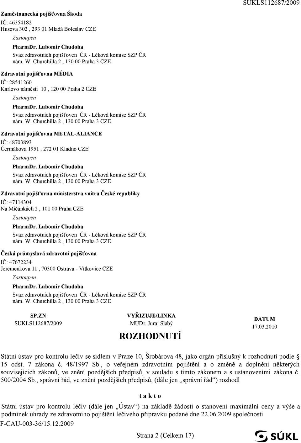 Jeremenkova 11, 70300 Ostrava - Vítkovice CZE SP.ZN SUKLS112687/2009 VYŘIZUJE/LINKA MUDr. Juraj Slabý ROZHODNUTÍ DATUM 17.03.2010 Státní ústav pro kontrolu léčiv se sídlem v Praze 10, Šrobárova 48, jako orgán příslušný k rozhodnutí podle 15 odst.