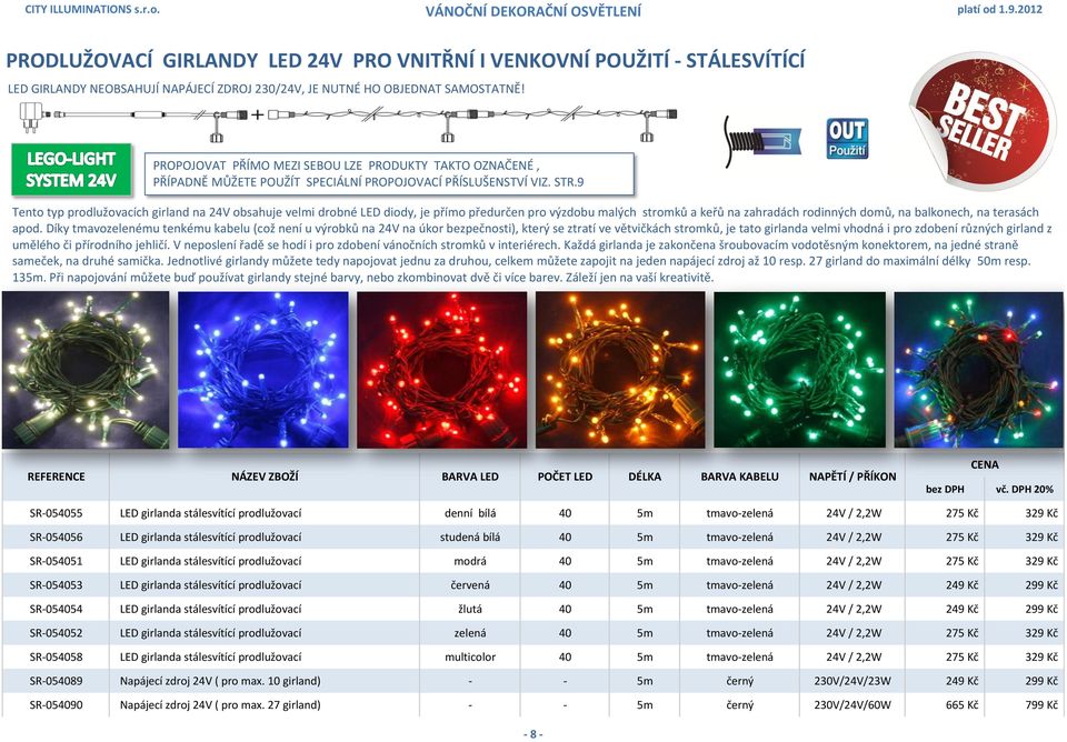 9 Tento typ prodlužovacích girland na 24V obsahuje velmi drobné LED diody, je přímo předurčen pro výzdobu malých stromků a keřů na zahradách rodinných domů, na balkonech, na terasách apod.