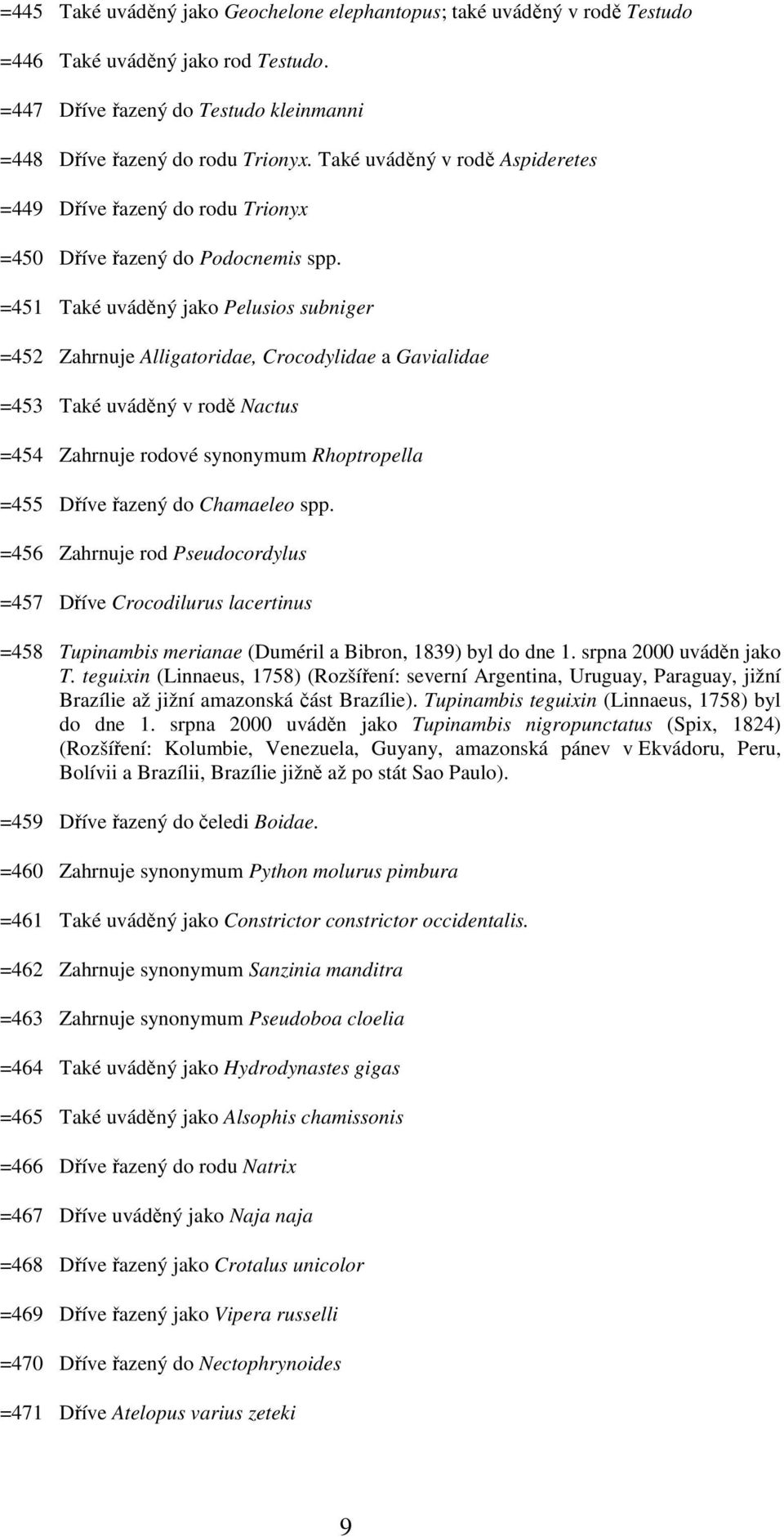 =451 Také uváděný jako Pelusios subniger =452 Zahrnuje Alligatoridae, Crocodylidae a Gavialidae =453 Také uváděný v rodě Nactus =454 Zahrnuje rodové synonymum Rhoptropella =455 Dříve řazený do