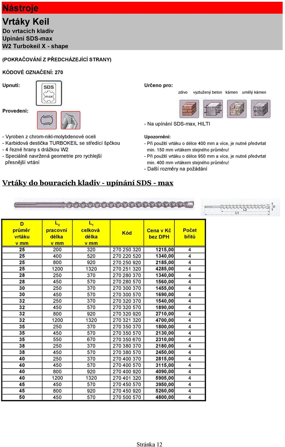 délce mm a více, je nutné předvrtat min. mm vrtákem stejného u!