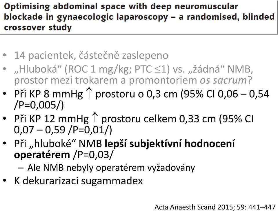 Při KP 8 mmhg prostoru o 0,3 cm (95% CI 0,06 0,54 /P=0,005/) Při KP 12 mmhg prostoru celkem 0,33 cm