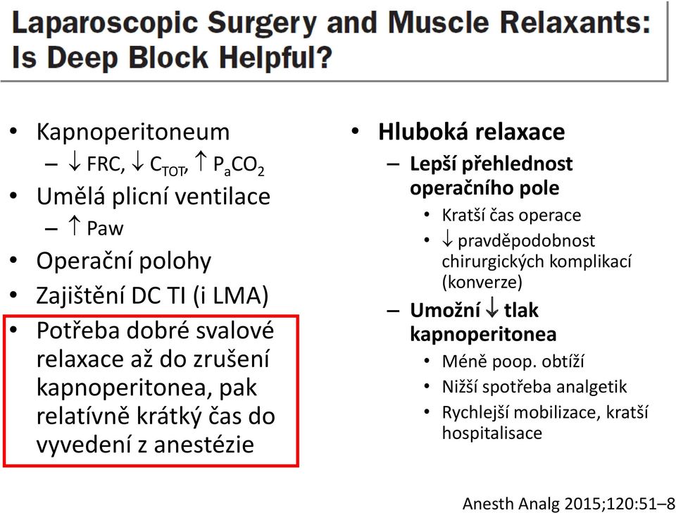 přehlednost operačního pole Kratší čas operace pravděpodobnost chirurgických komplikací (konverze) Umožní tlak