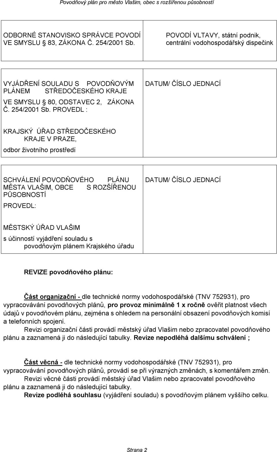 PROVEDL : DATUM/ ČÍSLO JEDNACÍ KRAJSKÝ ÚŘAD STŘEDOČESKÉHO KRAJE V PRAZE, odbor životního prostředí SCHVÁLENÍ POVODŇOVÉHO PLÁNU MĚSTA VLAŠIM, OBCE S ROZŠÍŘENOU PŮSOBNOSTÍ PROVEDL: DATUM/ ČÍSLO JEDNACÍ