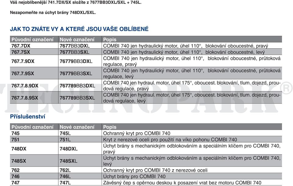 7.9SX 76779BB3SXL COMBI 740 jen hydraulický motor, úhel 110, blokování oboucestné, průtoková regulace, levý 767.7.8.9DX 767789BB3DXL COMBI 740 jen hydraul. motor, úhel 175, oboucest. blokování, tlum.