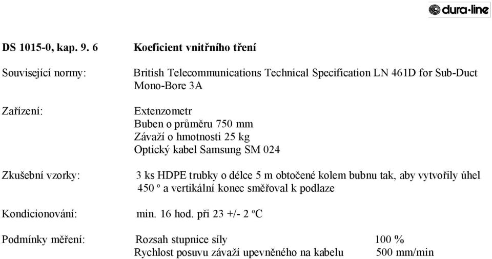 Specification LN 461D for Sub-Duct Mono-Bore 3A Extenzometr Buben o průměru 750 mm Závaží o hmotnosti 25 kg Optický kabel Samsung SM